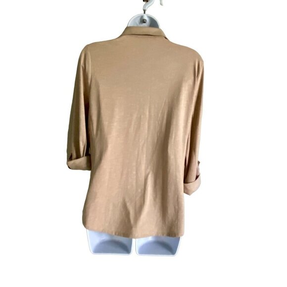 Kiss and Fly Button Down Shirt Roll Tab Sleeves Beige Women's Size Medium - Picture 6 of 9